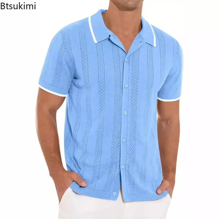 2025 Men's Jacquard Knitted Short-sleeved Shirts Summer Fashion Hollow Out Lapel Cardigan Solid Casual Slim Tops T-shirt for Men