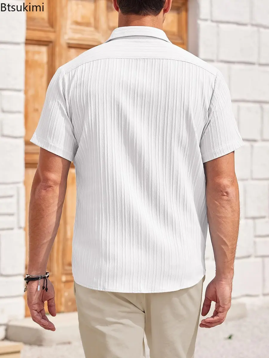 Fashion New Men's Striped Casual Shirt Summer Short-sleeved Solid Turn-down Collar Pleated Cardigan Tops Men Loose Simple Blouse