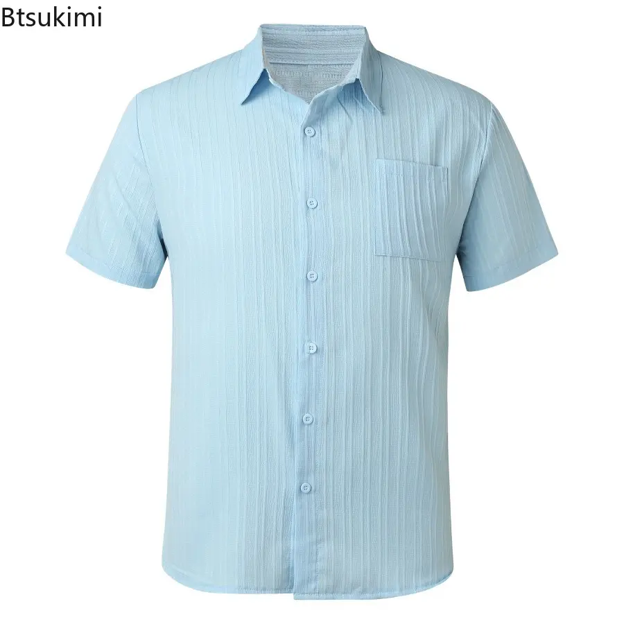Fashion New Men's Striped Casual Shirt Summer Short-sleeved Solid Turn-down Collar Pleated Cardigan Tops Men Loose Simple Blouse