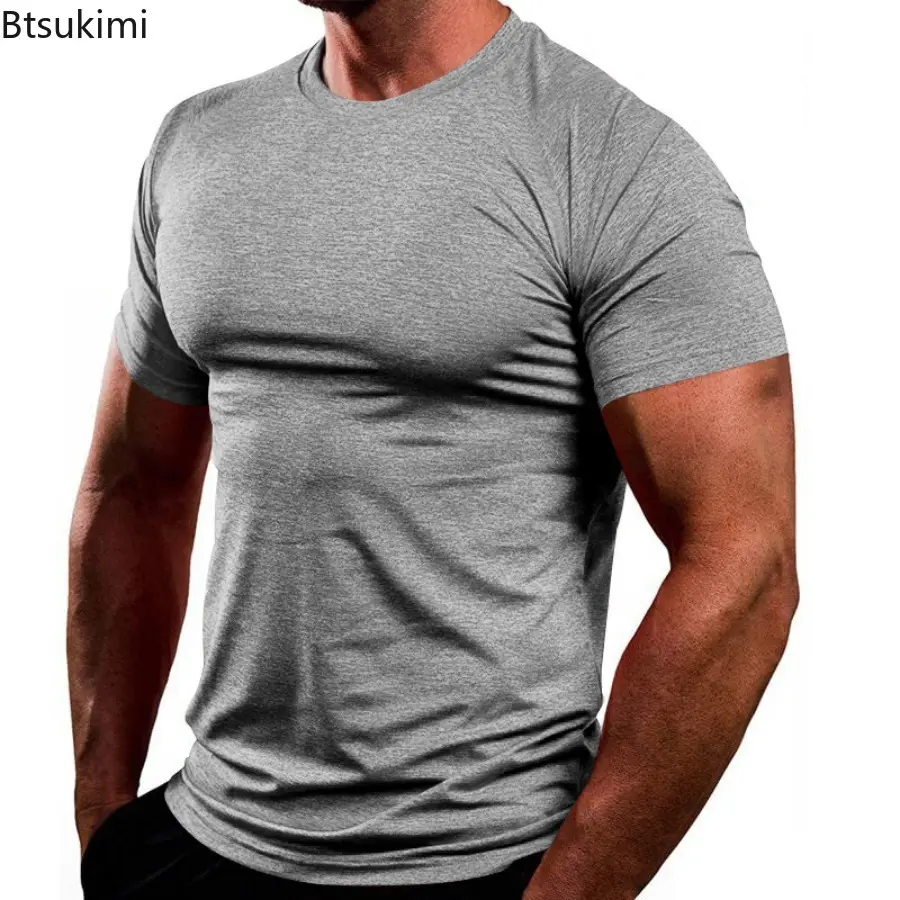 New 2025 Summer Men's Fitness Sport T-shirt Solid Color Slim Top for Men Breathable Quick Dry Casual Loose Short Sleeves Male