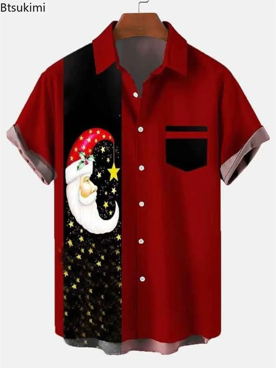2025 New Christmas Party Short Sleeve Shirts for Men Trend Printed Casual Cardigan Lapel Tops High Quality Men's Holiday T-shirt