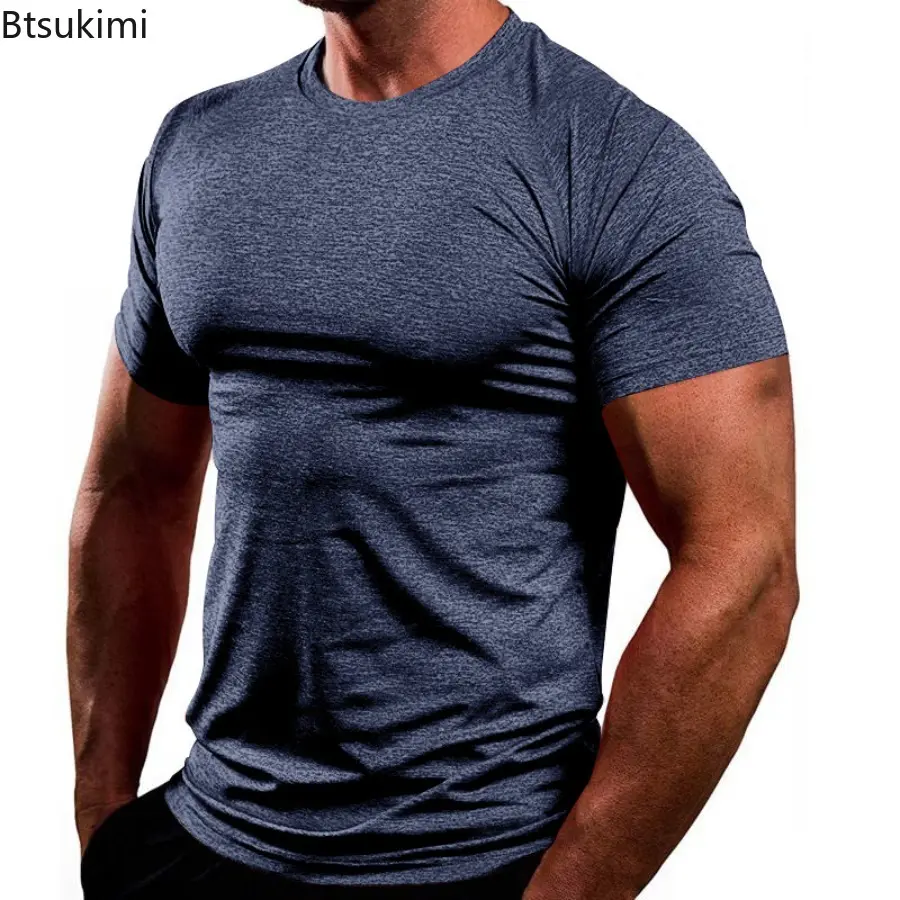New 2025 Summer Men's Fitness Sport T-shirt Solid Color Slim Top for Men Breathable Quick Dry Casual Loose Short Sleeves Male