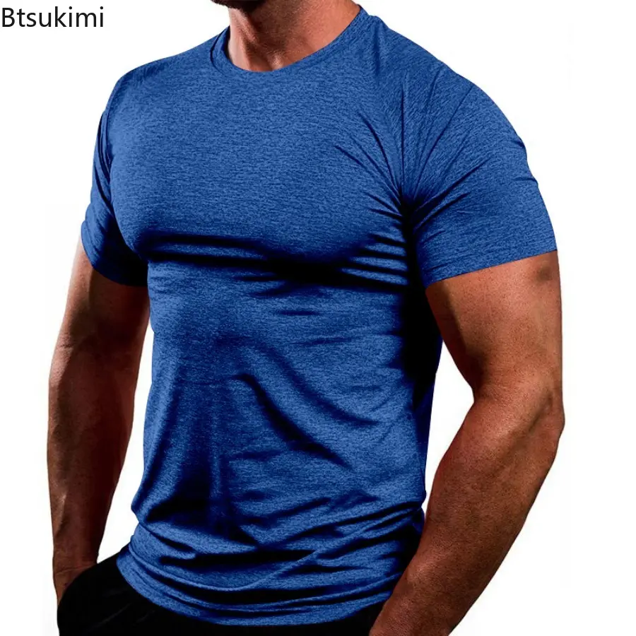New 2025 Summer Men's Fitness Sport T-shirt Solid Color Slim Top for Men Breathable Quick Dry Casual Loose Short Sleeves Male