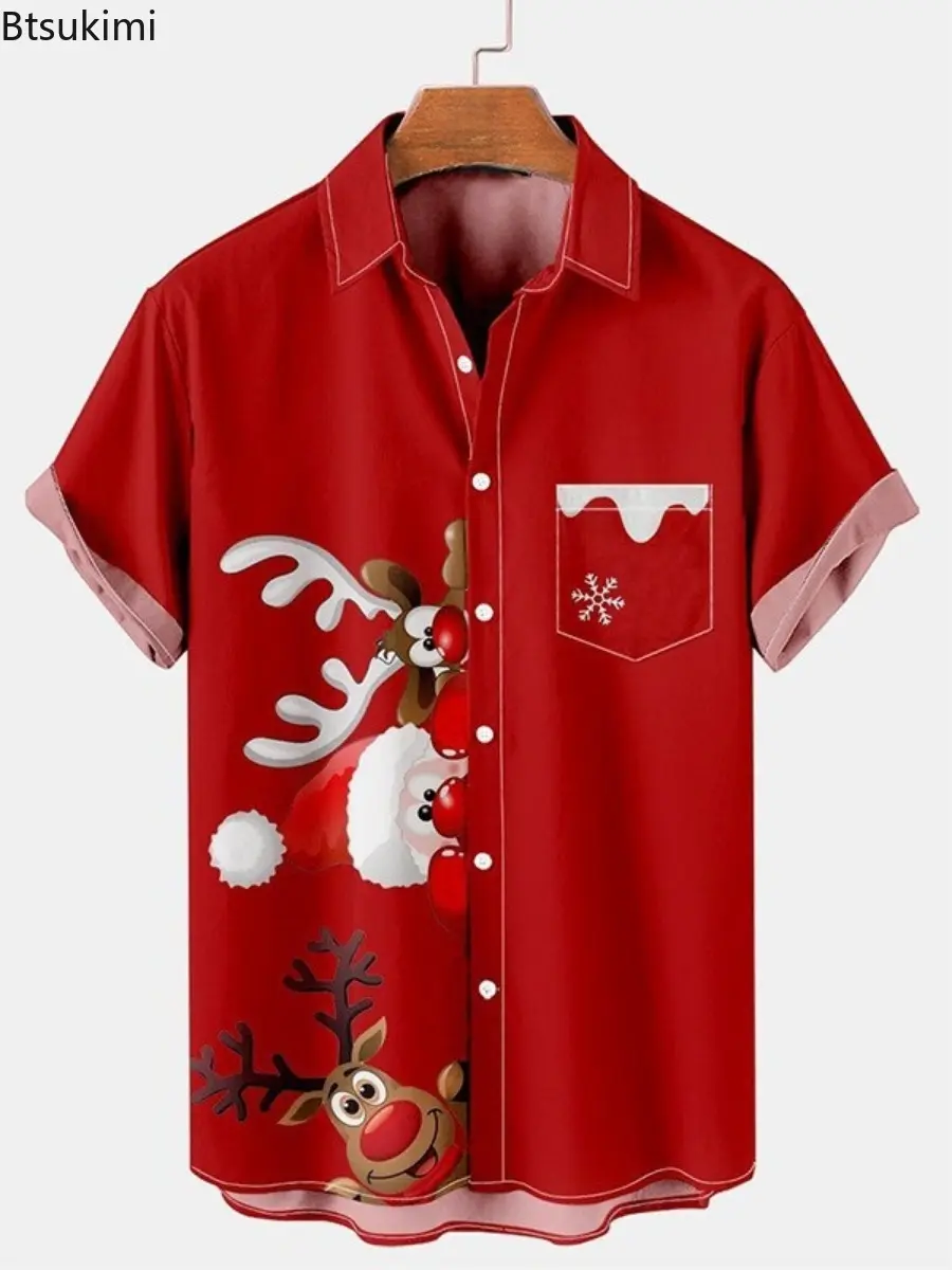 2025 New Christmas Party Short Sleeve Shirts for Men Trend Printed Casual Cardigan Lapel Tops High Quality Men's Holiday T-shirt