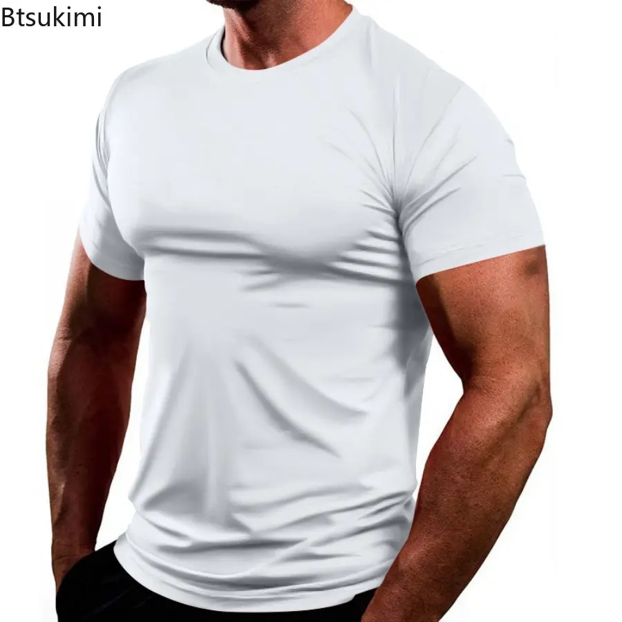New 2025 Summer Men's Fitness Sport T-shirt Solid Color Slim Top for Men Breathable Quick Dry Casual Loose Short Sleeves Male