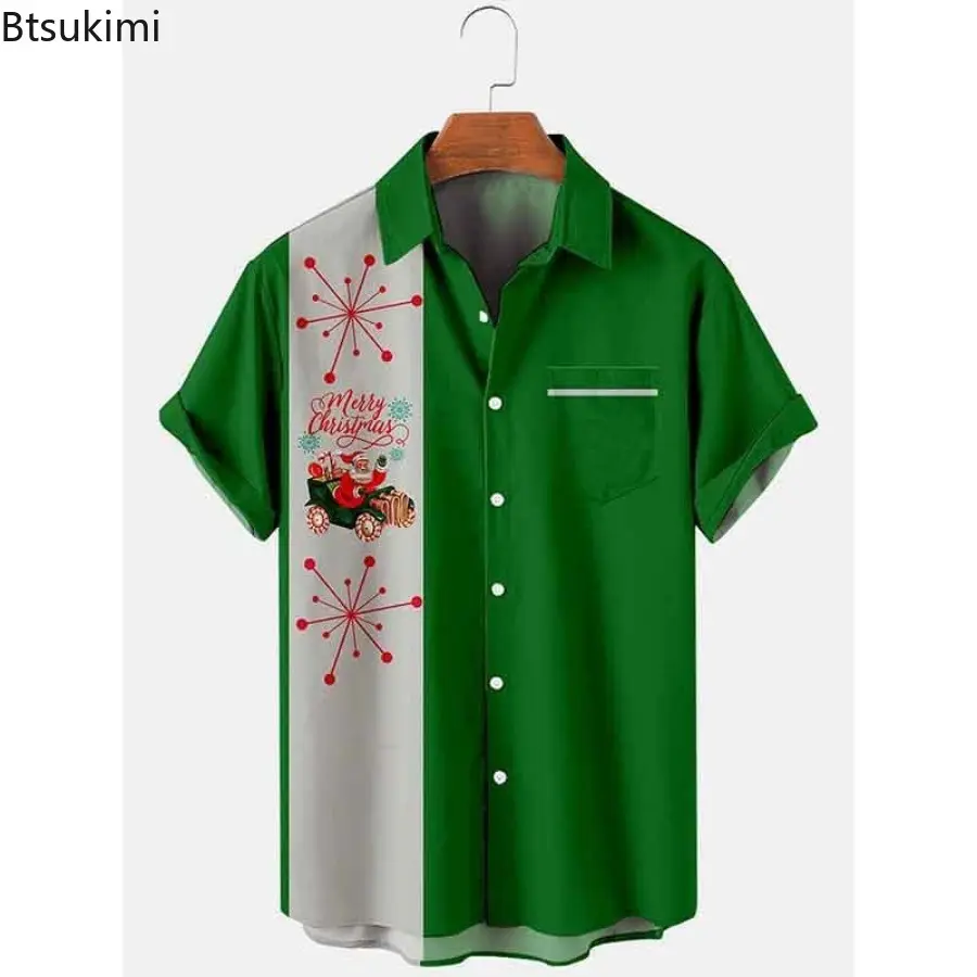 2025 New Christmas Party Short Sleeve Shirts for Men Trend Printed Casual Cardigan Lapel Tops High Quality Men's Holiday T-shirt