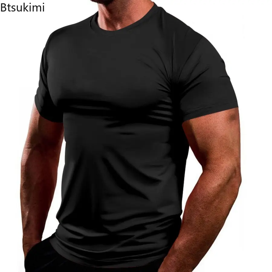 New 2025 Summer Men's Fitness Sport T-shirt Solid Color Slim Top for Men Breathable Quick Dry Casual Loose Short Sleeves Male
