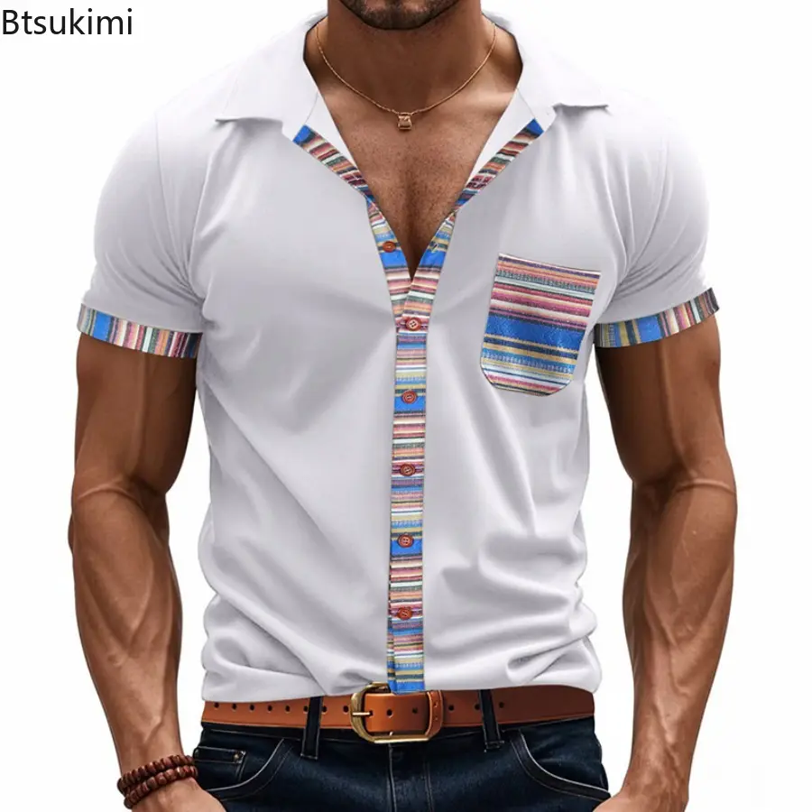 New 2025 Men's Summer Loose Casual Light Luxury Bohemian Contrasting Color Shirt Single Breasted Button Short-sleeved Cardigan