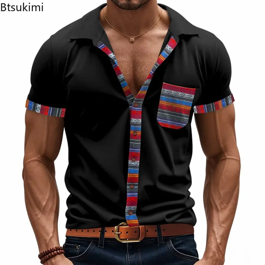 New 2025 Men's Summer Loose Casual Light Luxury Bohemian Contrasting Color Shirt Single Breasted Button Short-sleeved Cardigan
