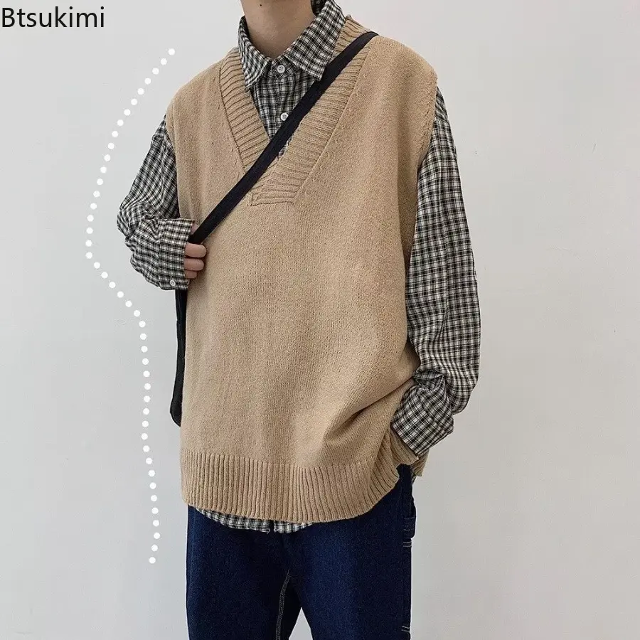 2025 Men's Autumn Winter V-neck Knitted Vest Solid Color Ins Hong Kong Style Loose and Trendy Casual Vest Top Sweater Base Shirt