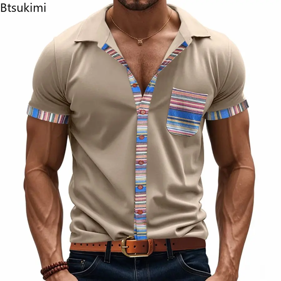New 2025 Men's Summer Loose Casual Light Luxury Bohemian Contrasting Color Shirt Single Breasted Button Short-sleeved Cardigan