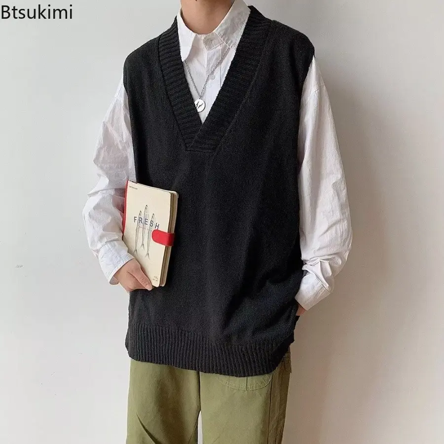 2025 Men's Autumn Winter V-neck Knitted Vest Solid Color Ins Hong Kong Style Loose and Trendy Casual Vest Top Sweater Base Shirt