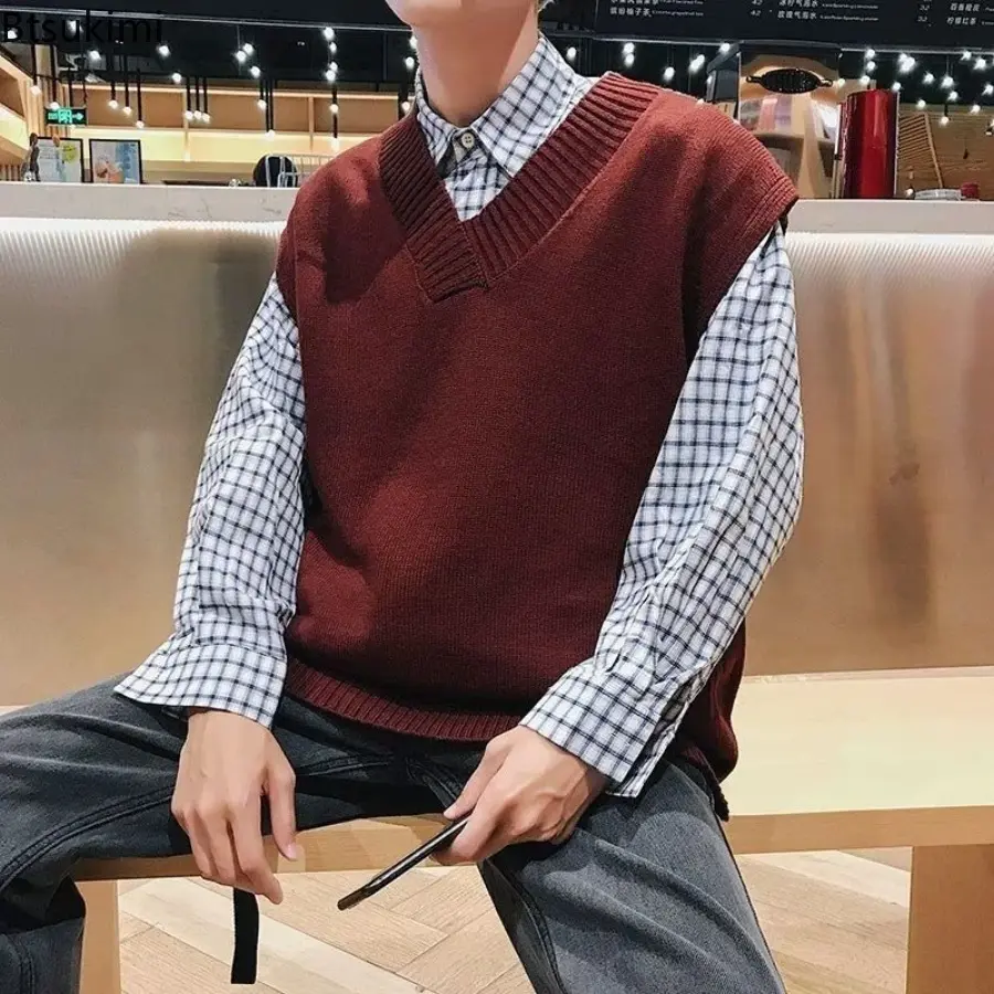 2025 Men's Autumn Winter V-neck Knitted Vest Solid Color Ins Hong Kong Style Loose and Trendy Casual Vest Top Sweater Base Shirt