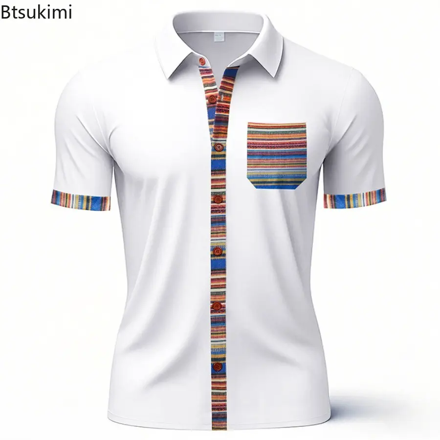 New 2025 Men's Summer Loose Casual Light Luxury Bohemian Contrasting Color Shirt Single Breasted Button Short-sleeved Cardigan