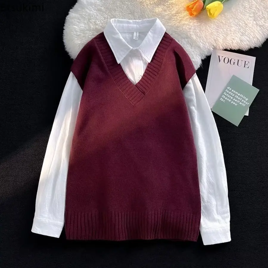 2025 Men's Autumn Winter V-neck Knitted Vest Solid Color Ins Hong Kong Style Loose and Trendy Casual Vest Top Sweater Base Shirt