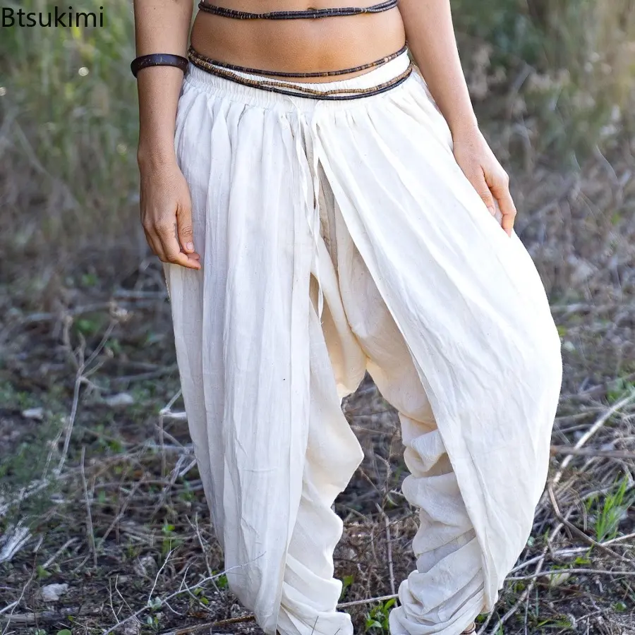 2025 New Men's Casual Loose White Pleated Pants Vintage Fashion Hollow Drawstring Bound Men Pants New Ethnic Trendy Beach Pants