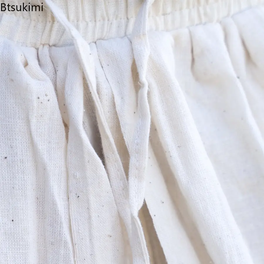 2025 New Men's Casual Loose White Pleated Pants Vintage Fashion Hollow Drawstring Bound Men Pants New Ethnic Trendy Beach Pants
