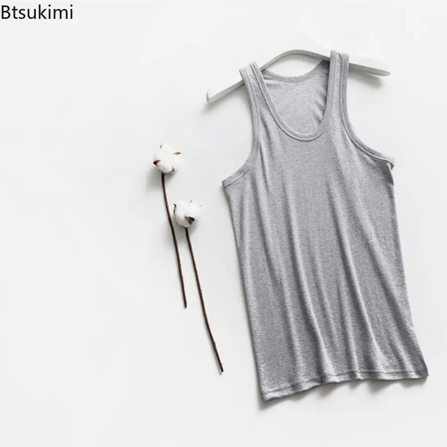 2025 Summer Tank Tops Men 100% Cotton Solid Vest Male Breathable Sleeveless Tops Slim Casual Gym Running Comfortable Undershirt