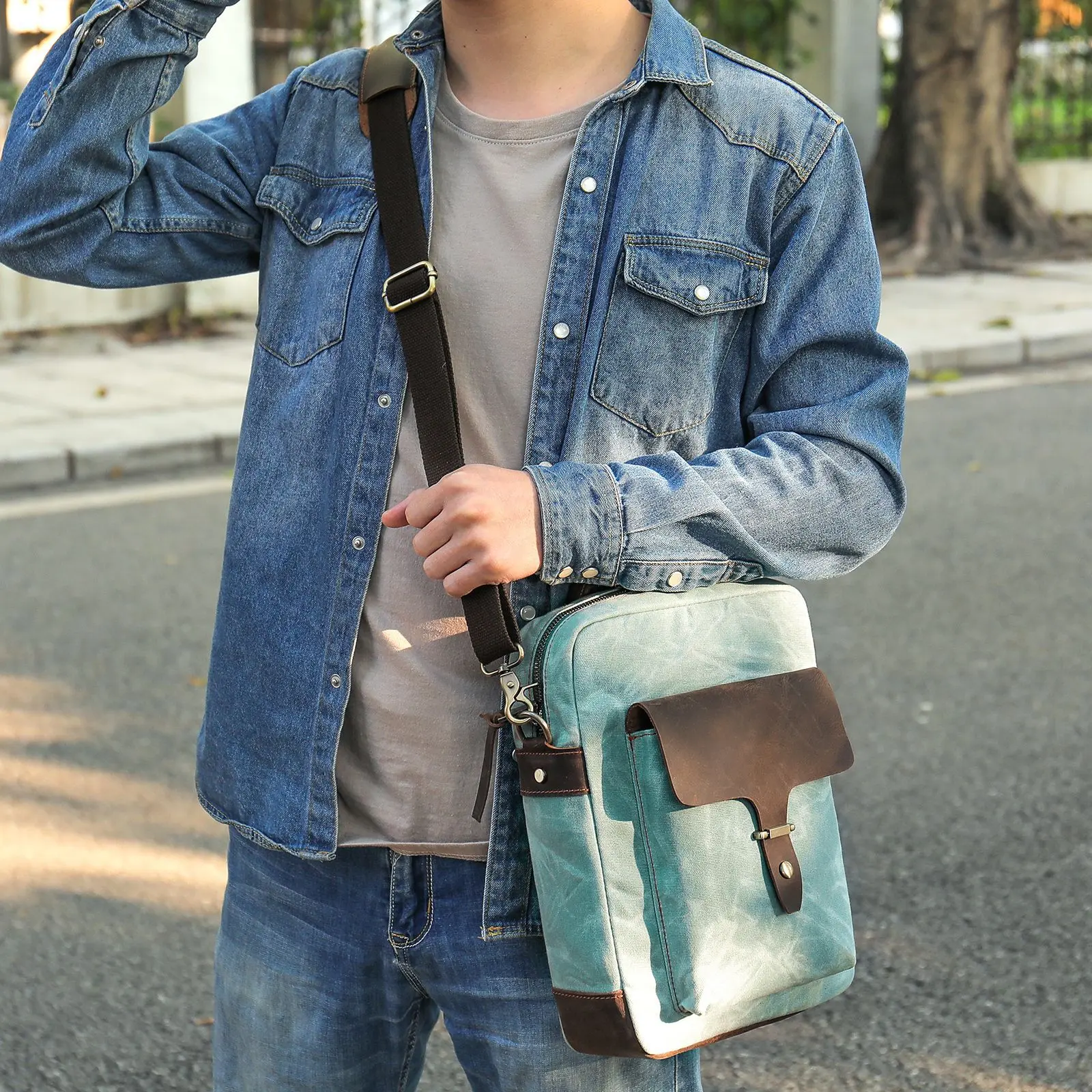 New Men's Bags Canvas Messenger Bag Vintage Leather Business Shoulder Bag Fashion Large Satchel Travel Phone Money Pack Purse