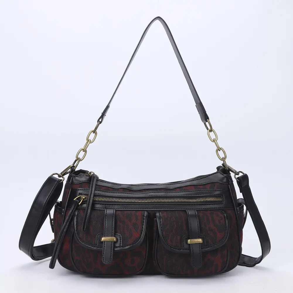 Women's Handbag Leopard Shoulder Bag Fashion Top-handle Vintage Black Dinner Bag Multi-pockets Flap Bag Purse