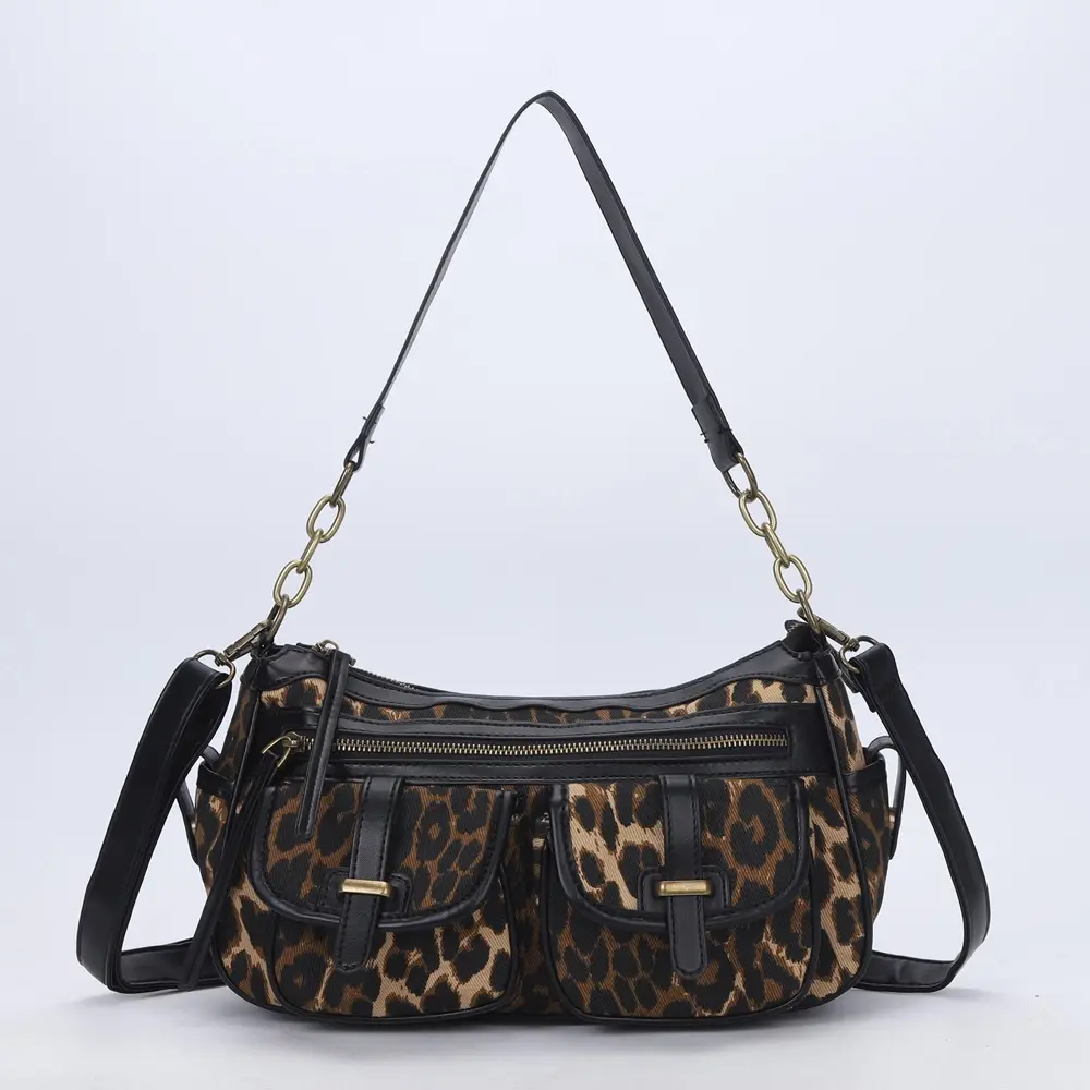 Women's Handbag Leopard Shoulder Bag Fashion Top-handle Vintage Black Dinner Bag Multi-pockets Flap Bag Purse