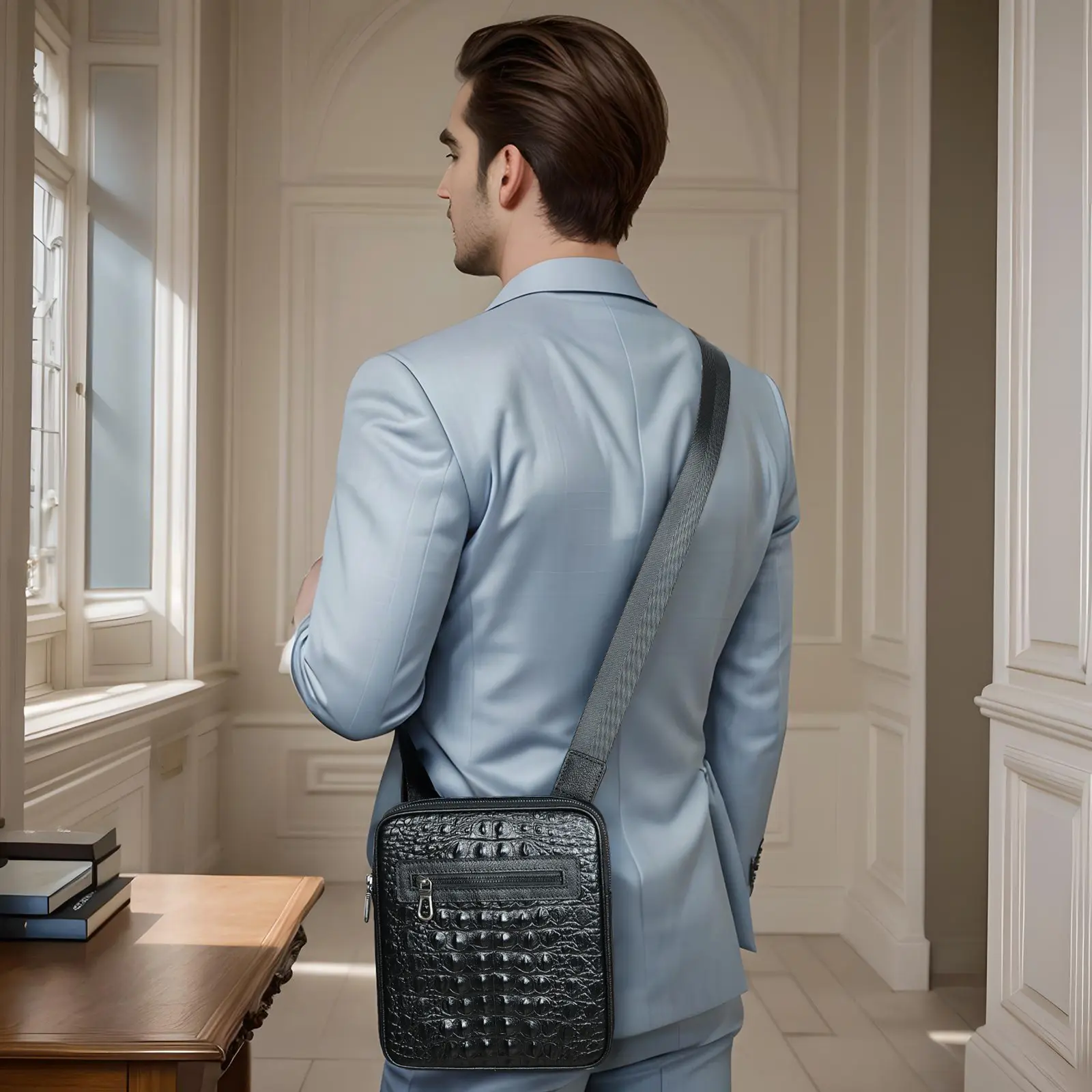 MVA Leather Men's Bag Black Fashion Crossbody Bag Crocodile Print Large Business Commuter Shoulder Bag