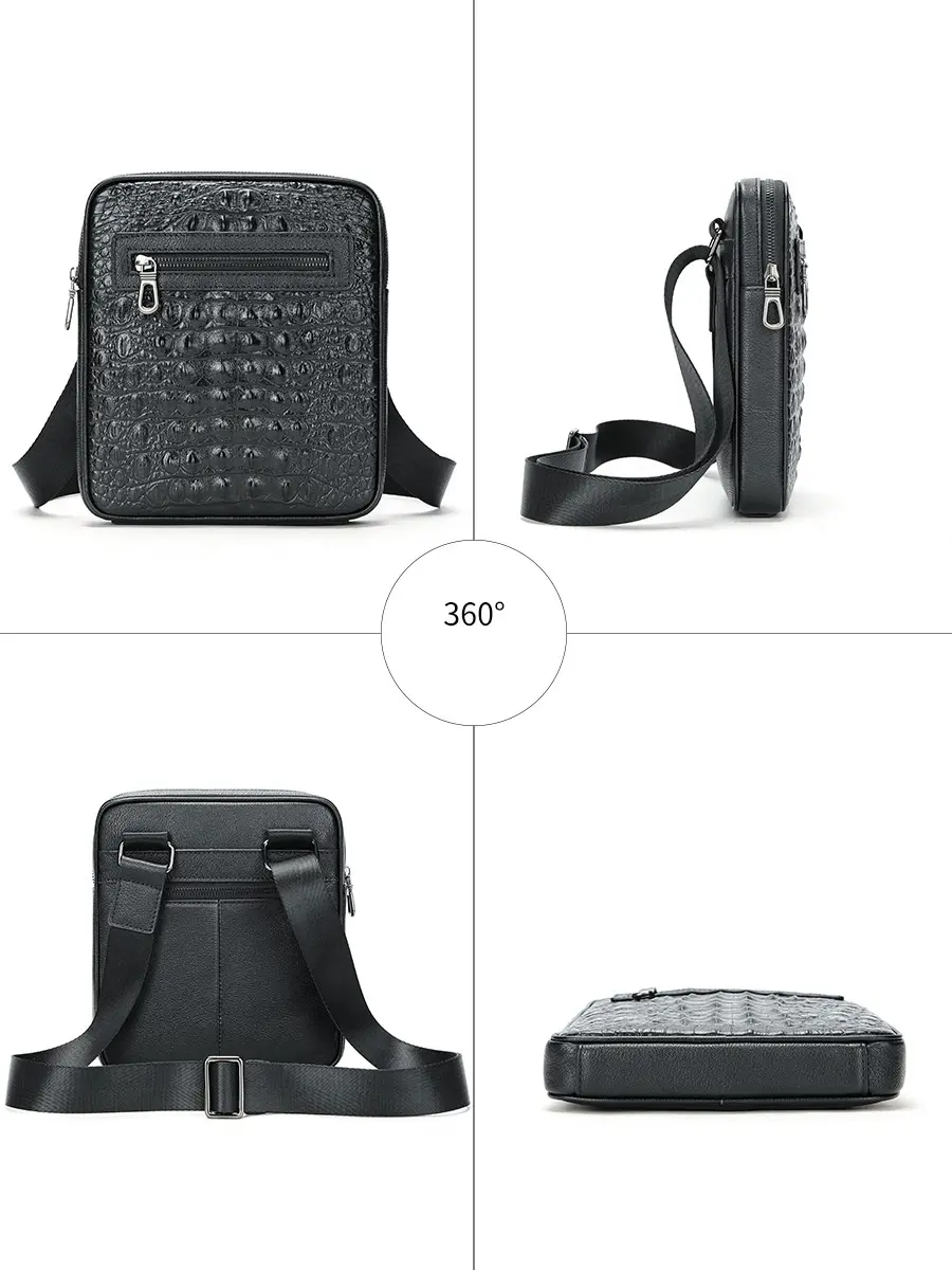 MVA Leather Men's Bag Black Fashion Crossbody Bag Crocodile Print Large Business Commuter Shoulder Bag