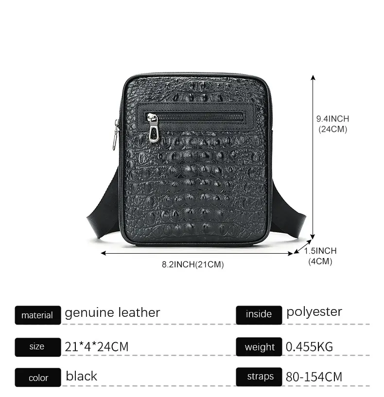 MVA Leather Men's Bag Black Fashion Crossbody Bag Crocodile Print Large Business Commuter Shoulder Bag