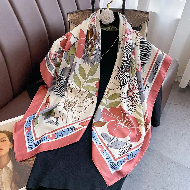 New Fashion Print Twill Silk Scarf Women Hijab Muslim Headband 90cm Square Bandana Foularf Summer Shawl Beach Stoles Echarpe
