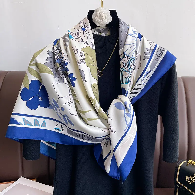 New Fashion Print Twill Silk Scarf Women Hijab Muslim Headband 90cm Square Bandana Foularf Summer Shawl Beach Stoles Echarpe