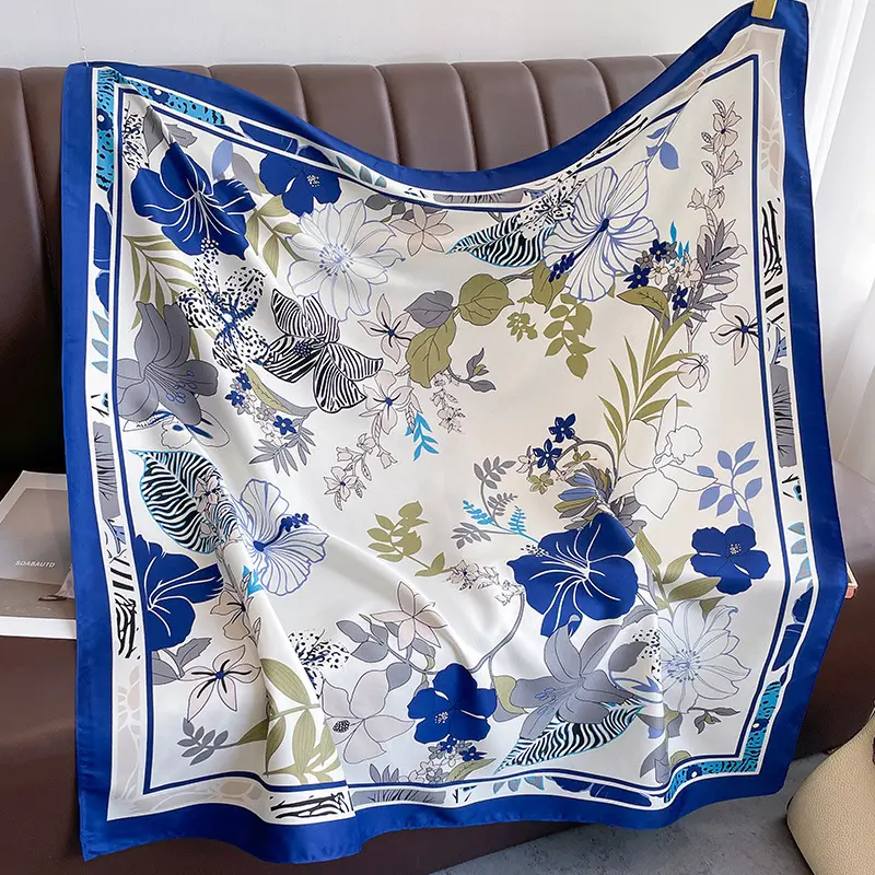 New Fashion Print Twill Silk Scarf Women Hijab Muslim Headband 90cm Square Bandana Foularf Summer Shawl Beach Stoles Echarpe