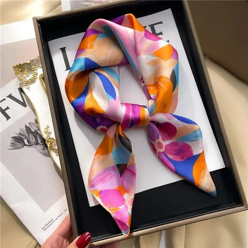 Luxury Brand 2024 Silk Square Scarf Women Cat Neck Hair Tie Band Beach Hijab Kerchief Head Headbands Bandana Female Foulard 70cm