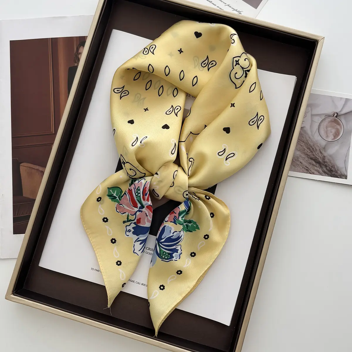 Clock Pattern Luxury Square Scarves Women's Satin Scarf Bandana Neckerchief Neckties Hairbands Bags Foulard Shawl
