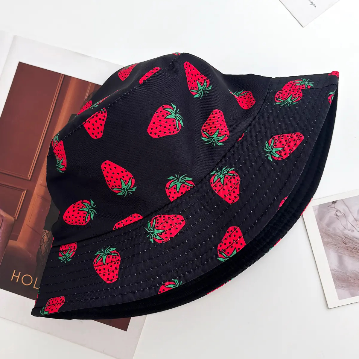 Bucket Hat Vintage Style Fisherman Hats Cartoon Printing Panama Cap Double Sides Location Design Cap Sun Outdoor
