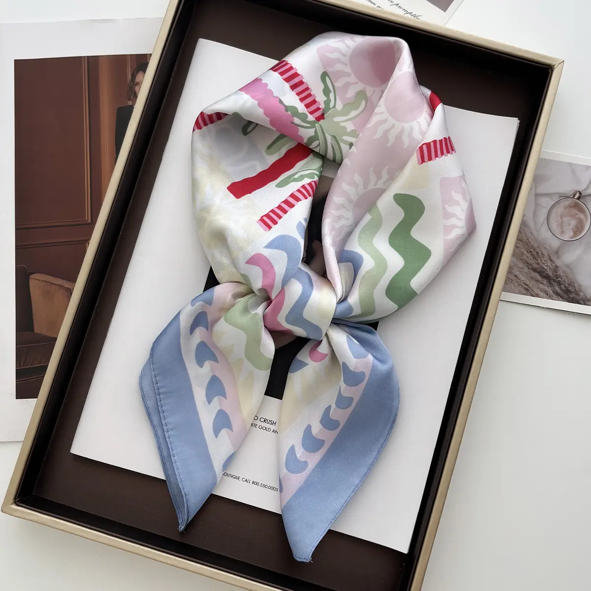 Clock Pattern Luxury Square Scarves Women's Satin Scarf Bandana Neckerchief Neckties Hairbands Bags Foulard Shawl
