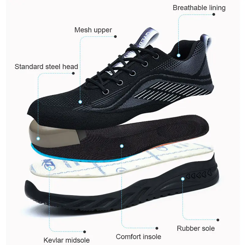 Foldable Men Protective Shoes Fyknit Upper Safety Shoe Anti Puncture Kevlar Workshoes Wear-resistant Rubber Outsole Sportshoes