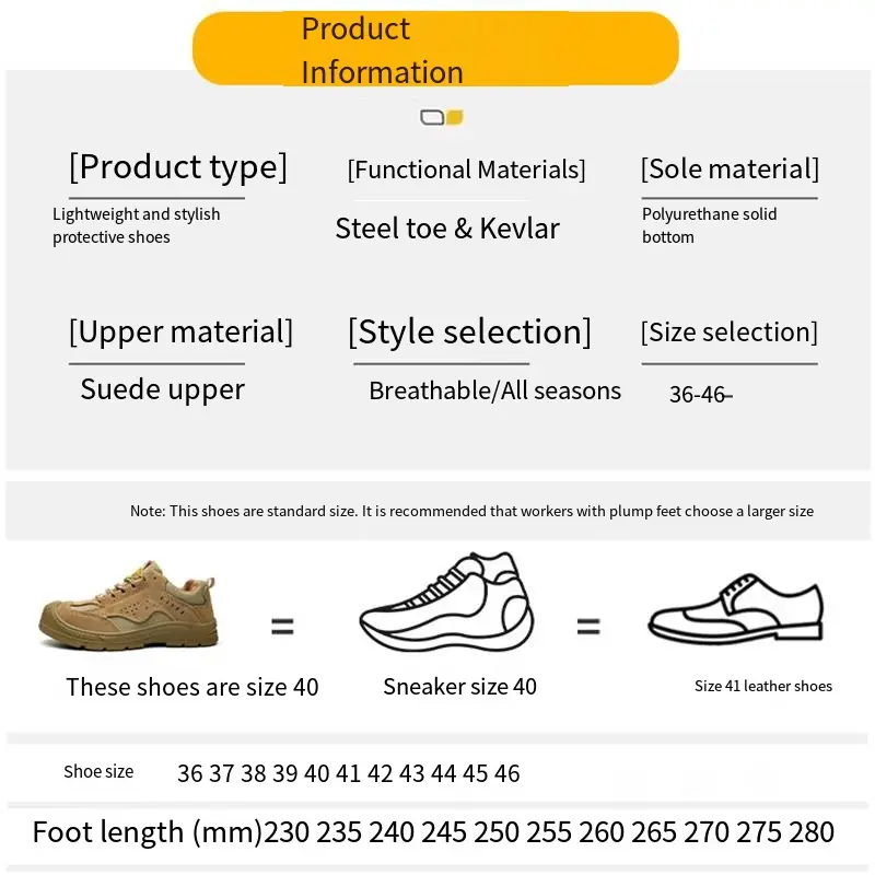 Classic Work Shoes Men Lightweight Anti-smashing Anti-piercing Wear-resistant Breathable Anti Slip Protective Safety Shoes