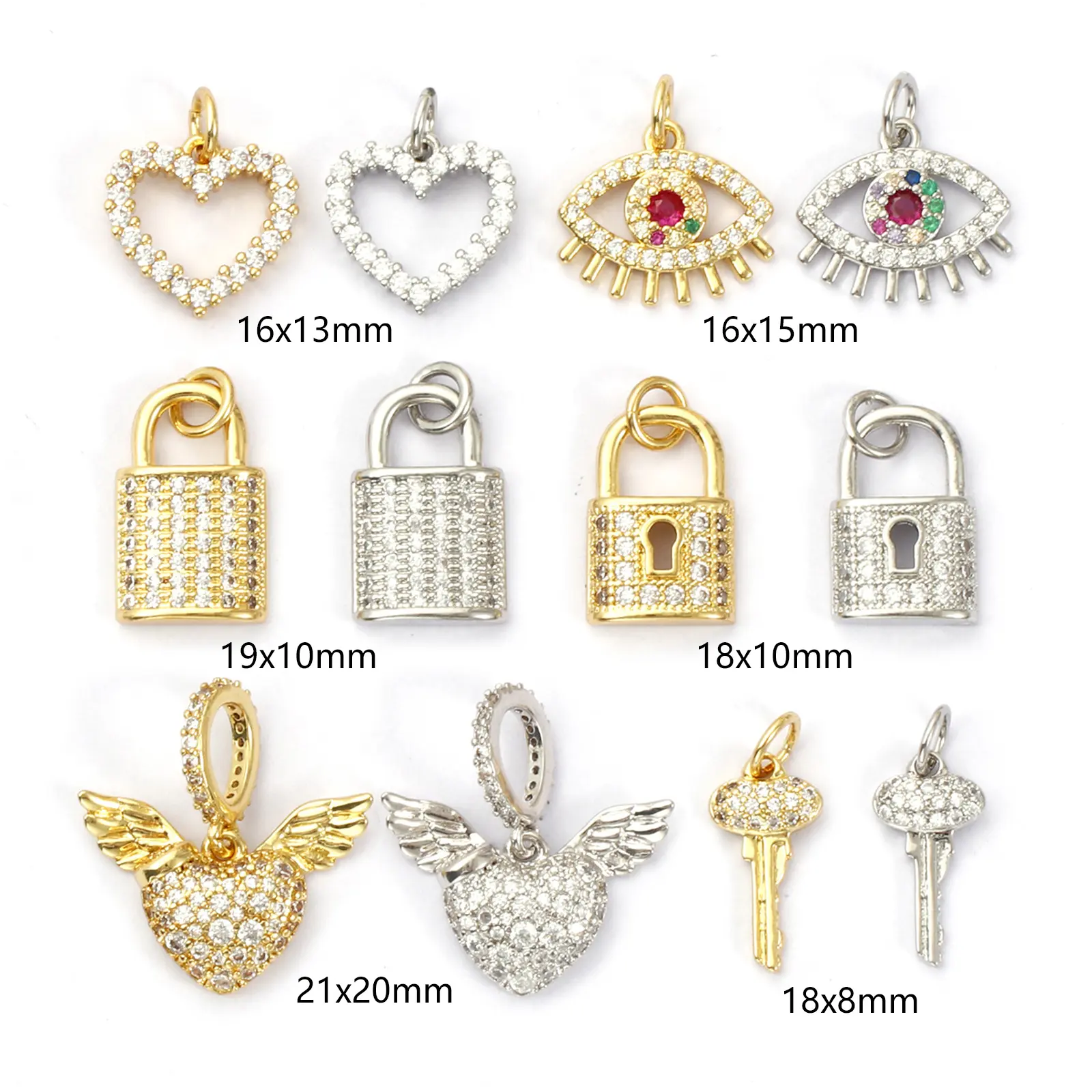 1 Piece Brass & Cubic Zirconia Charms Gold Plated Micro Pave Wings Heart Key Eye Lock Pendant For DIY Necklace Jewelry Making