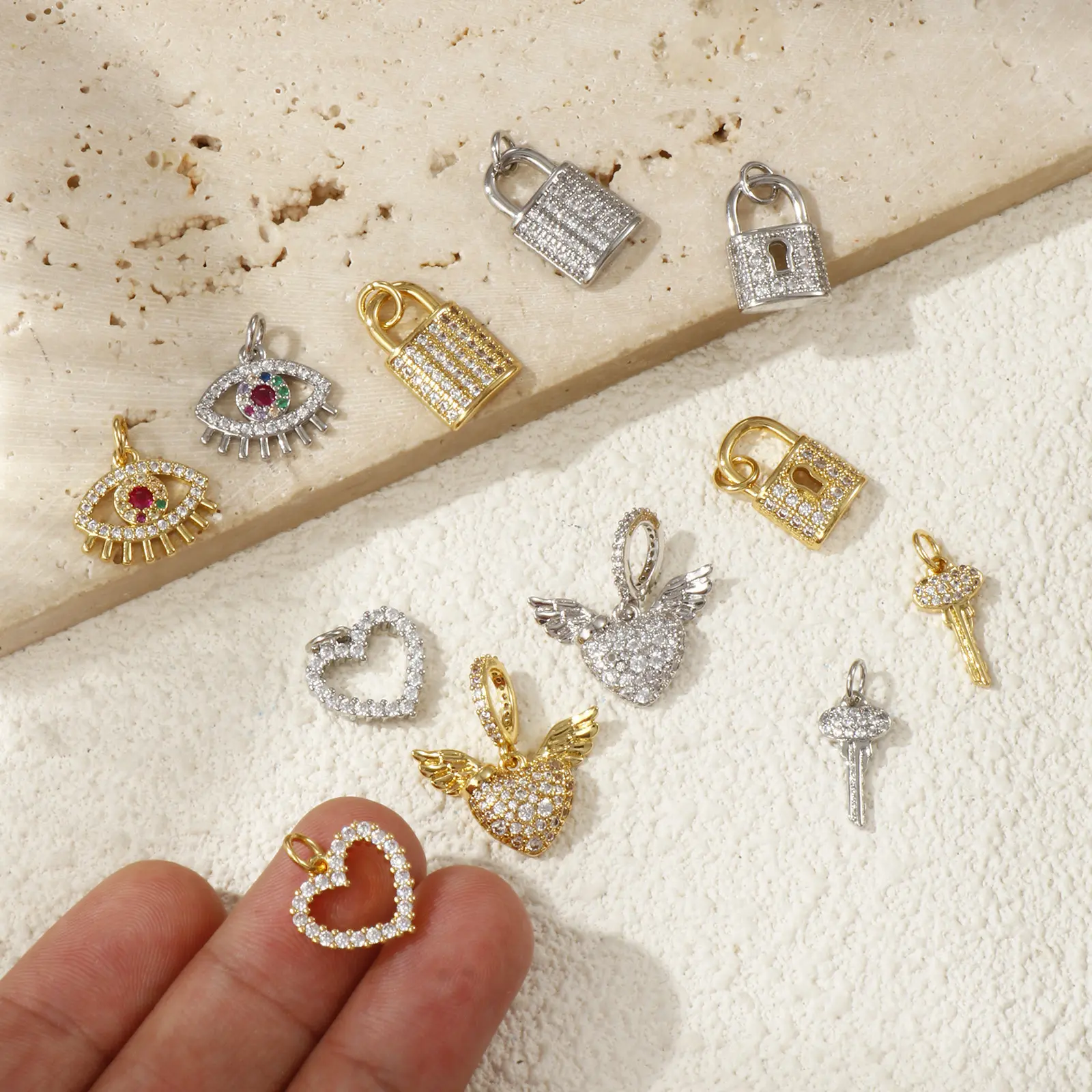 1 Piece Brass & Cubic Zirconia Charms Gold Plated Micro Pave Wings Heart Key Eye Lock Pendant For DIY Necklace Jewelry Making