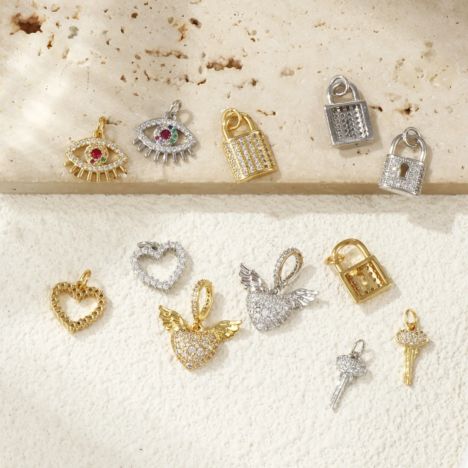 1 Piece Brass & Cubic Zirconia Charms Gold Plated Micro Pave Wings Heart Key Eye Lock Pendant For DIY Necklace Jewelry Making