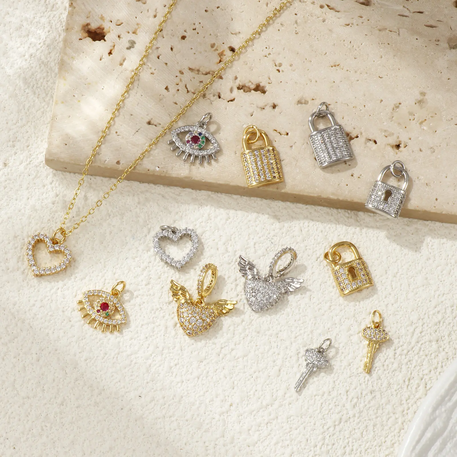 1 Piece Brass & Cubic Zirconia Charms Gold Plated Micro Pave Wings Heart Key Eye Lock Pendant For DIY Necklace Jewelry Making