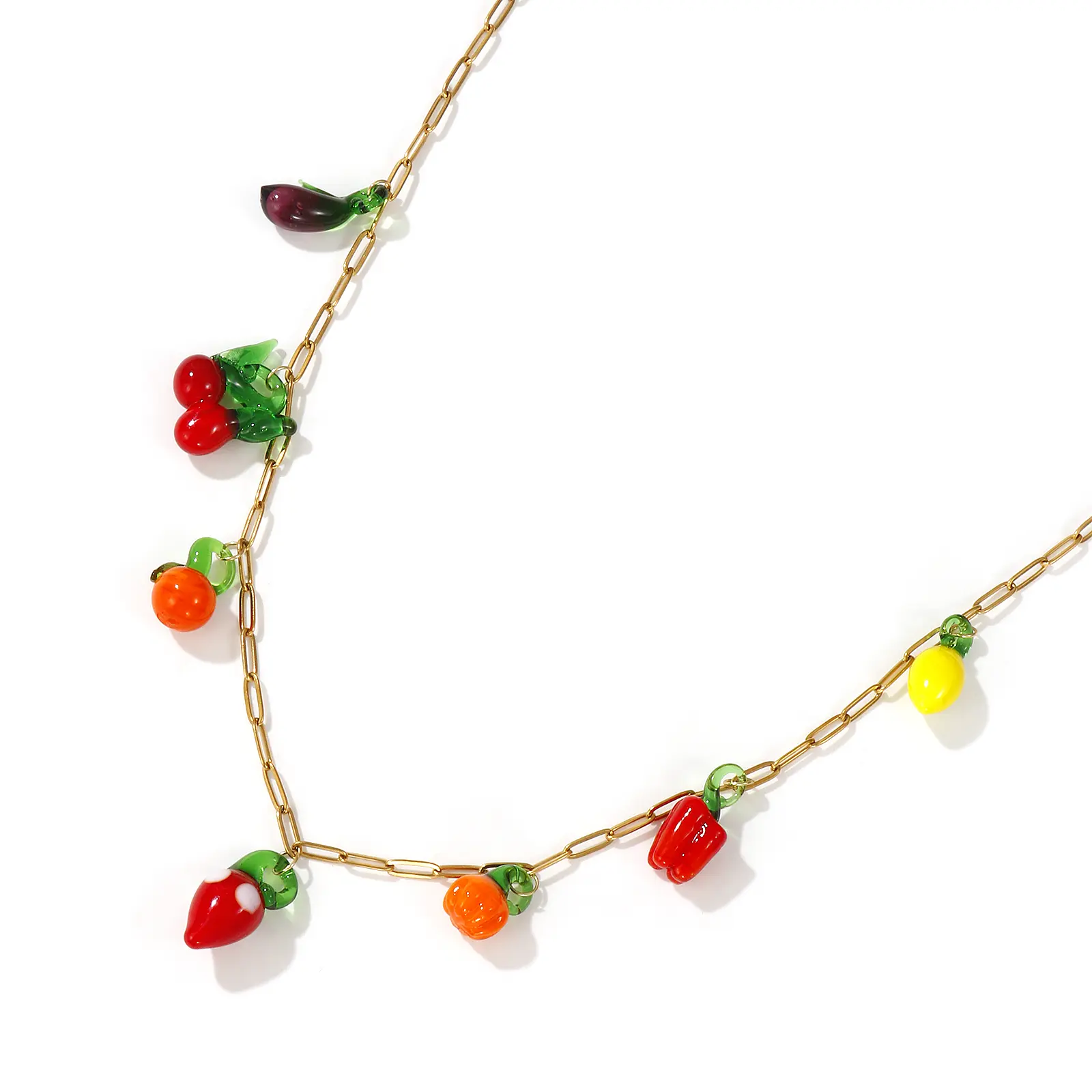 Paperclip Link Chain Pendant Charm Necklace 304 Stainless Steel & Lampwork Glass Colorful Fruit 60cm(23.6") For Women Gift