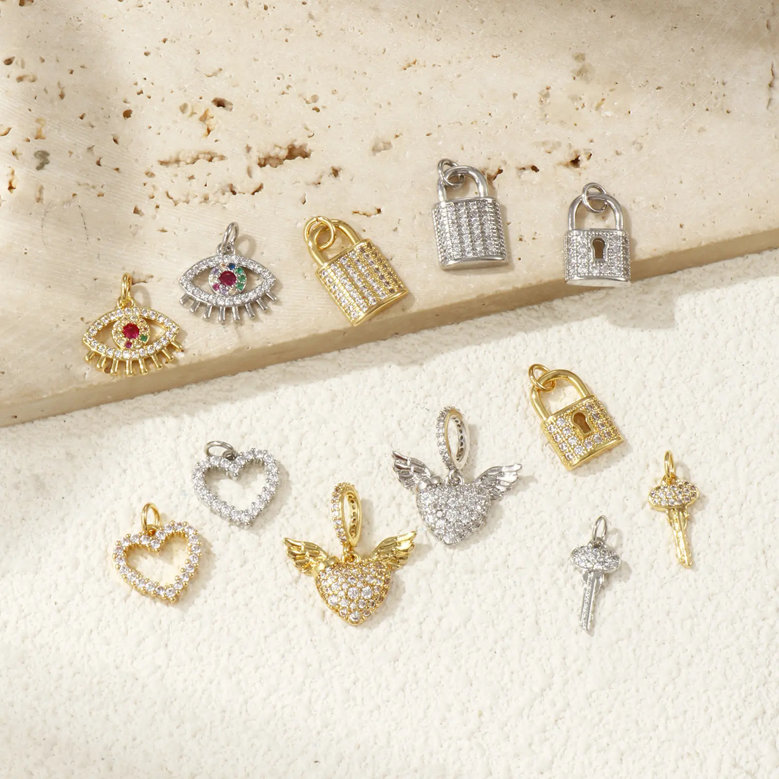1 Piece Brass & Cubic Zirconia Charms Gold Plated Micro Pave Wings Heart Key Eye Lock Pendant For DIY Necklace Jewelry Making