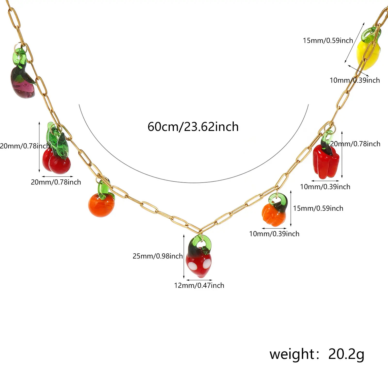 Paperclip Link Chain Pendant Charm Necklace 304 Stainless Steel & Lampwork Glass Colorful Fruit 60cm(23.6") For Women Gift