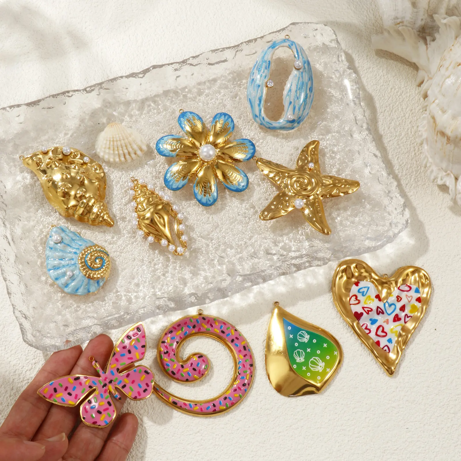 1 Piece 304 Stainless Steel Ocean Pendants 18K Gold Plated Conch Starfish Shell Flower Charms For Diy Necklace Jewelry Making