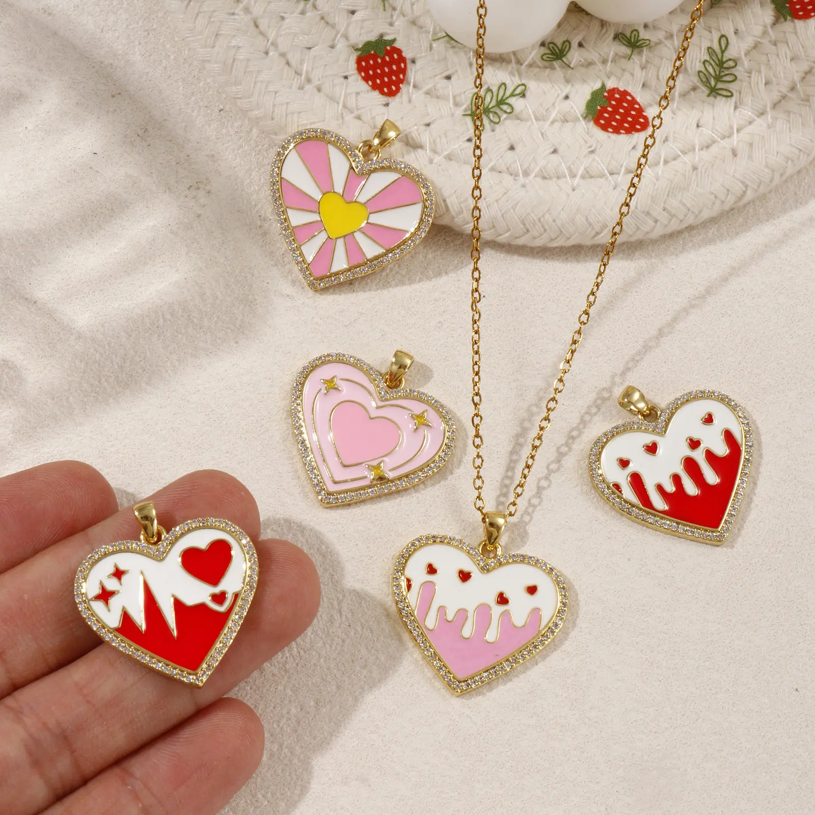 1 Piece Brass Valentine's Day Charms 18K Gold Plated Enamel Heart Pendant Red Pink For DIY Necklace Bracelet Jewelry Making
