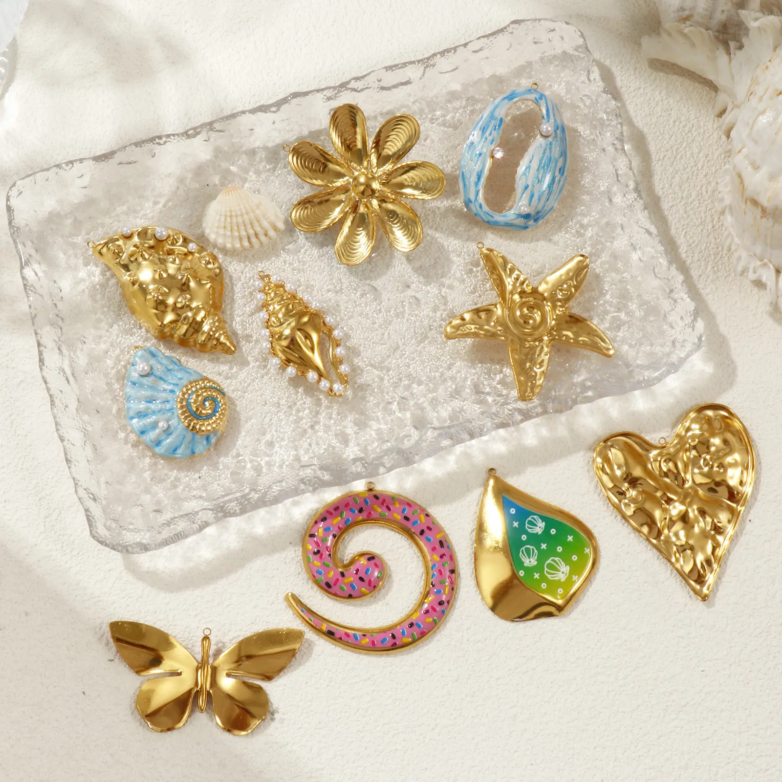 1 Piece 304 Stainless Steel Ocean Pendants 18K Gold Plated Conch Starfish Shell Flower Charms For Diy Necklace Jewelry Making