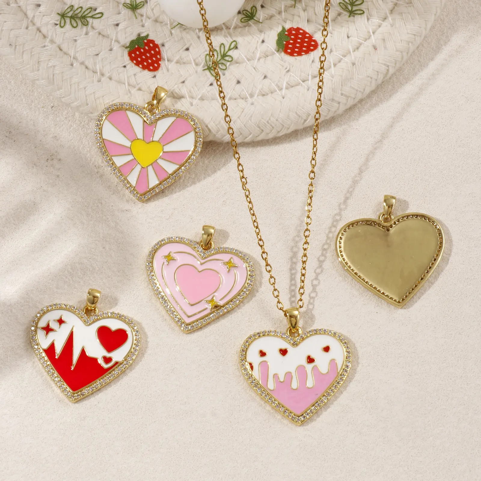 1 Piece Brass Valentine's Day Charms 18K Gold Plated Enamel Heart Pendant Red Pink For DIY Necklace Bracelet Jewelry Making