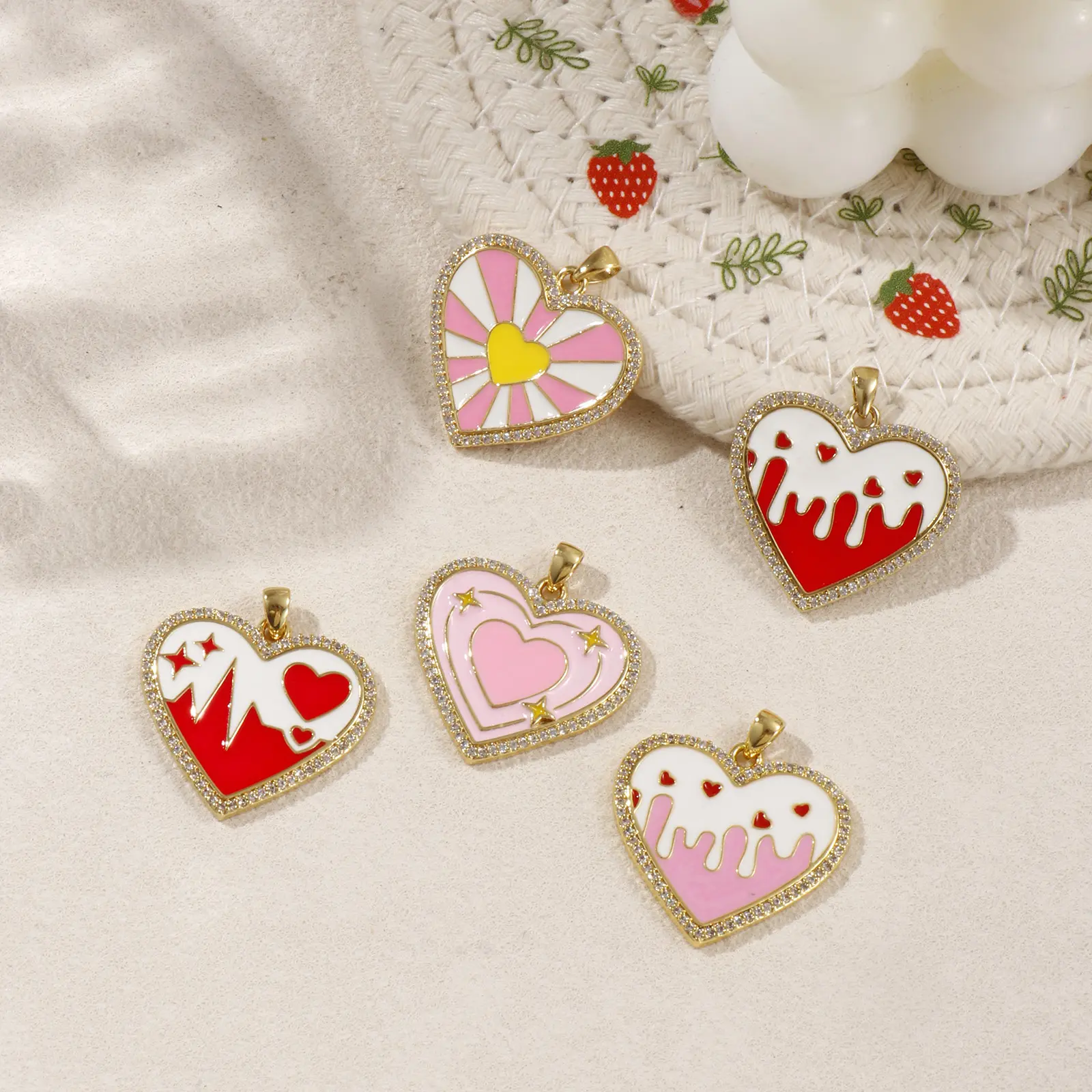 1 Piece Brass Valentine's Day Charms 18K Gold Plated Enamel Heart Pendant Red Pink For DIY Necklace Bracelet Jewelry Making