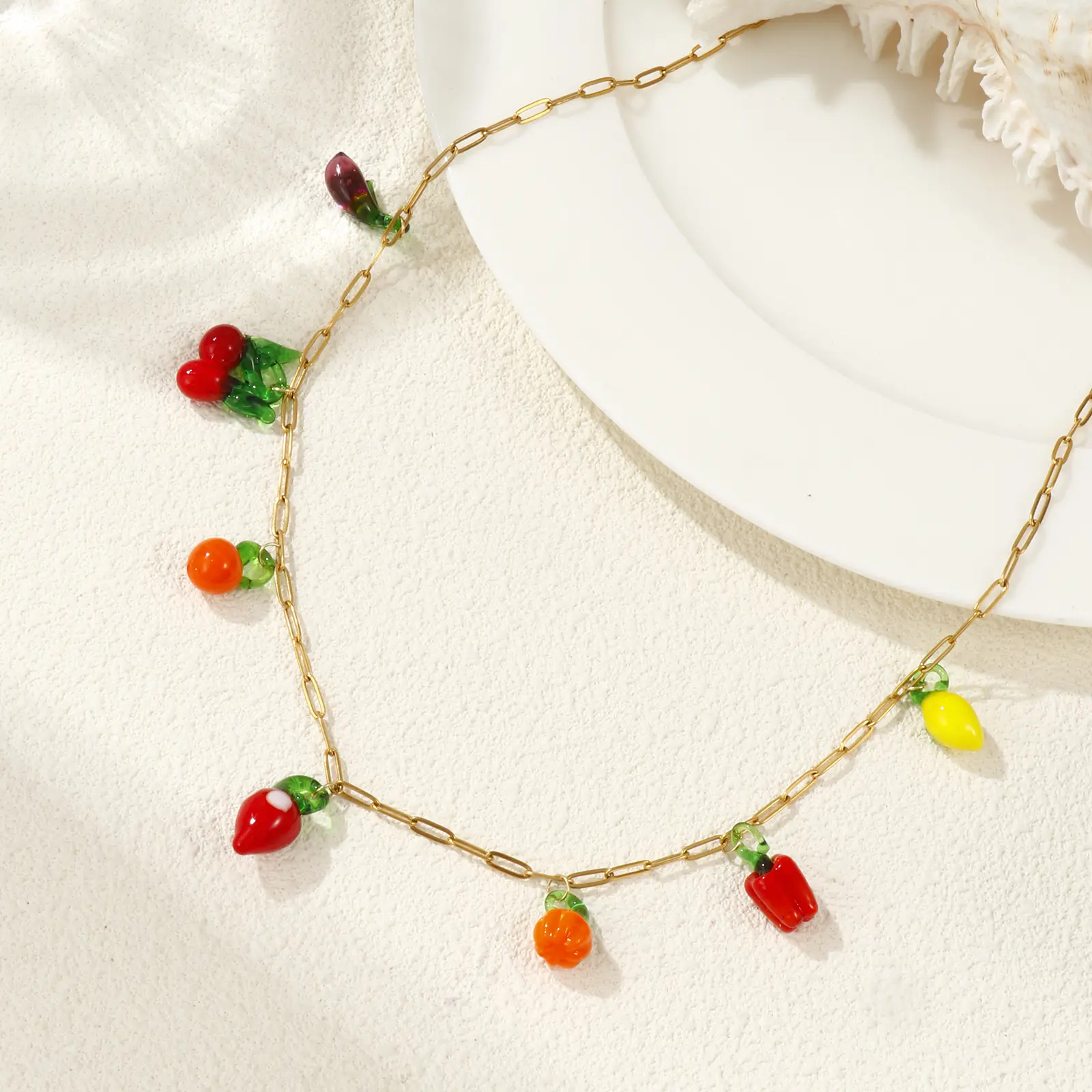 Paperclip Link Chain Pendant Charm Necklace 304 Stainless Steel & Lampwork Glass Colorful Fruit 60cm(23.6") For Women Gift